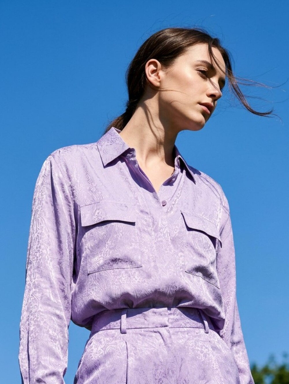 Vintage 90s Anna And Frank 100% Silk Lavender Jacquard Button Down Blouse